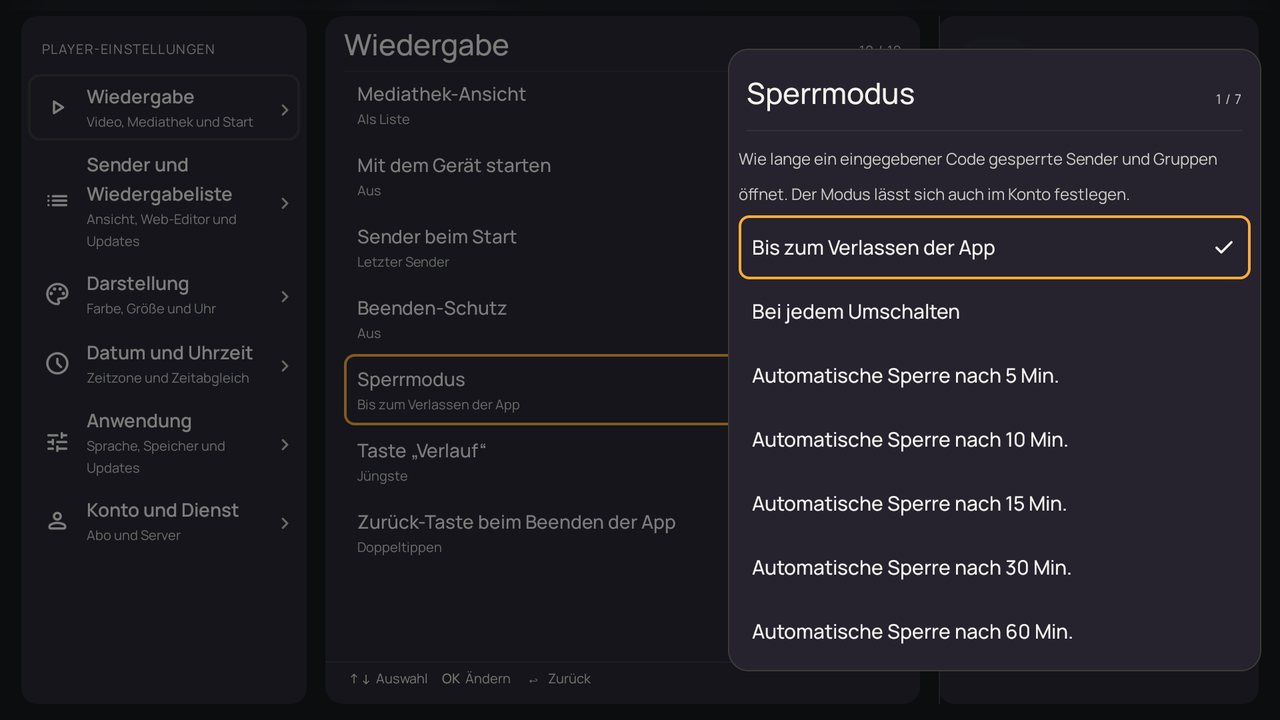 Einstellungen: das Fenster „Sperrmodus“
