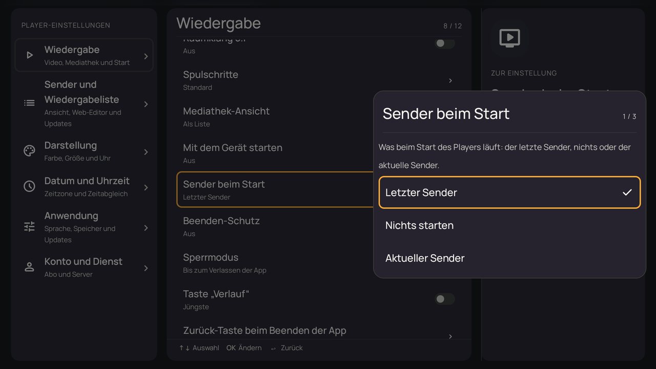 Einstellungen: Fenster „Sender beim Start“