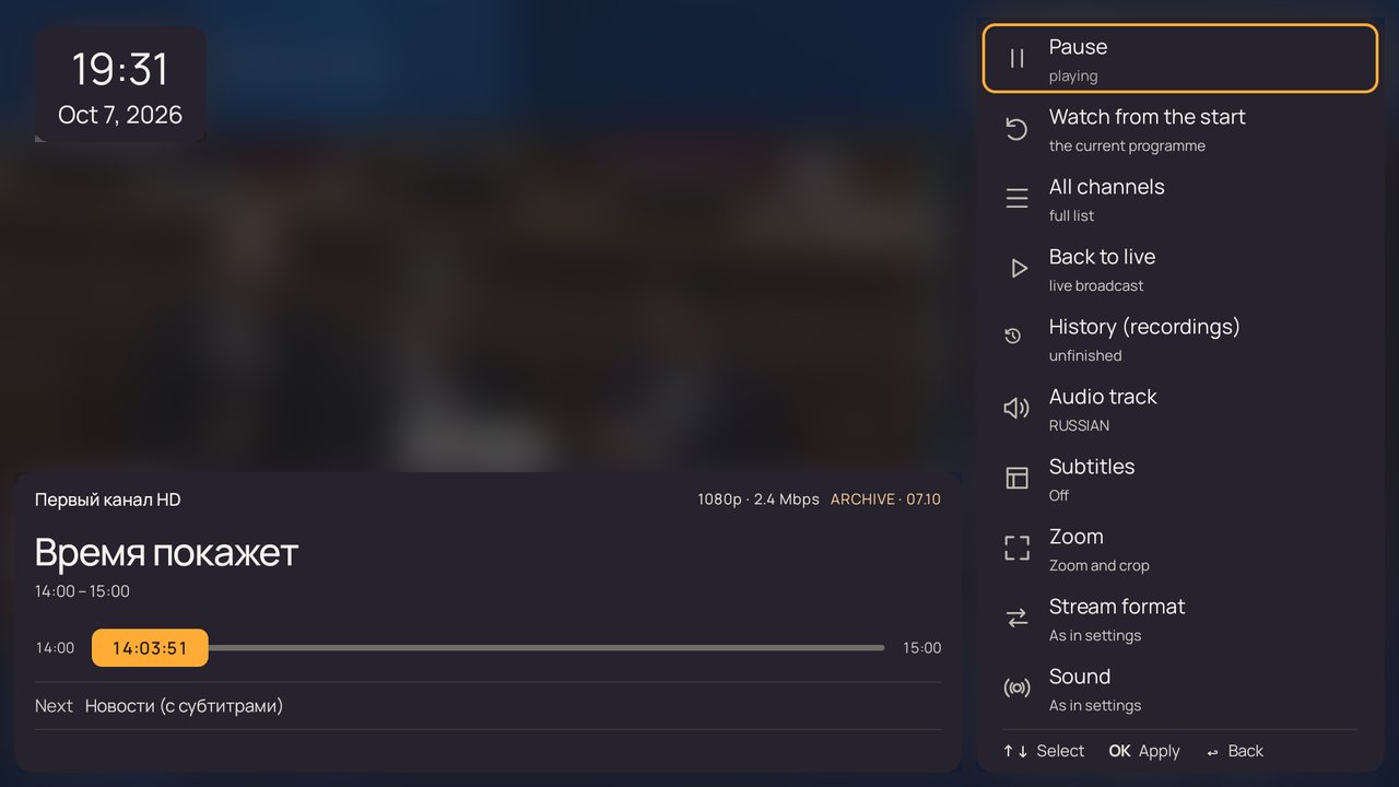 Live TV: the "what's on" bar and the Actions menu (OK button)