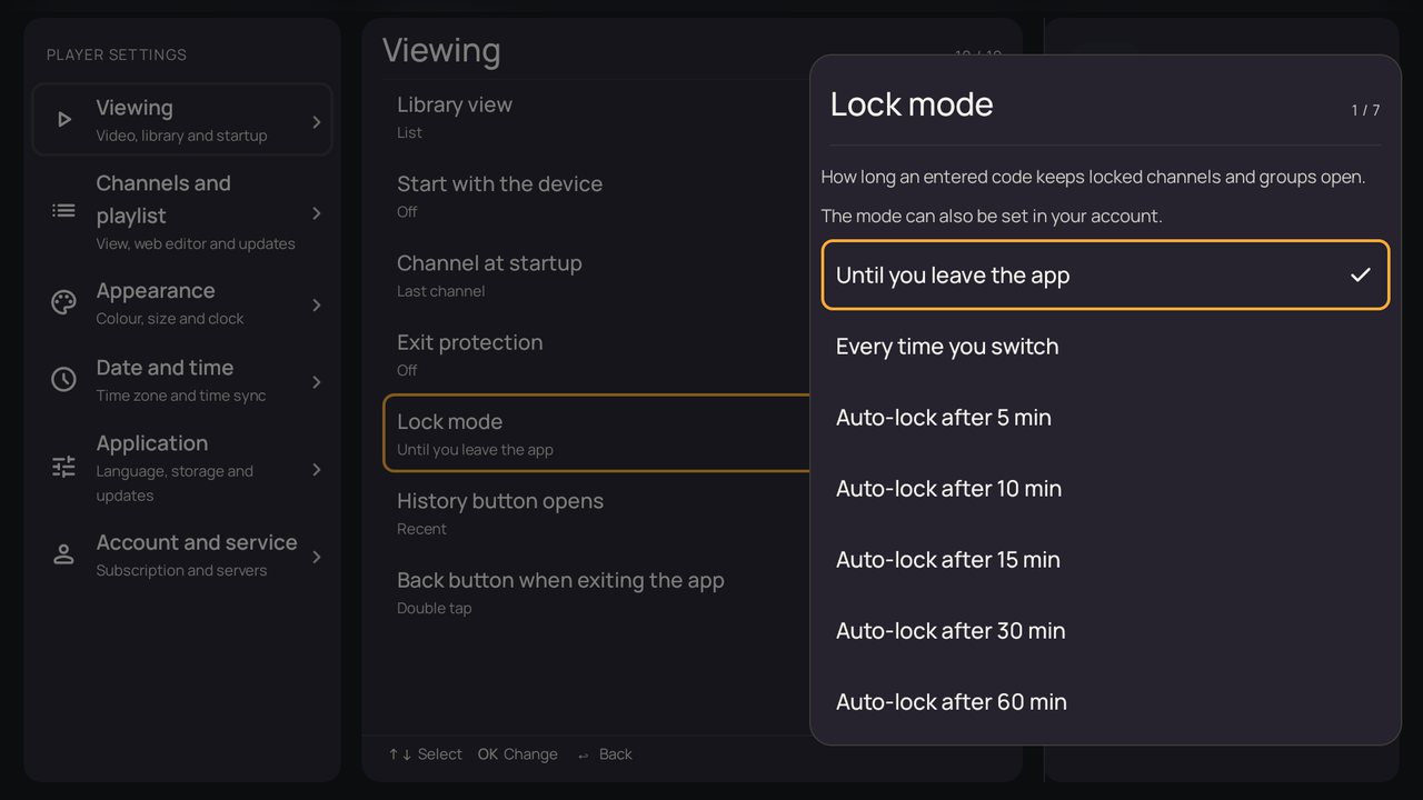 Settings: the "Lock mode" window