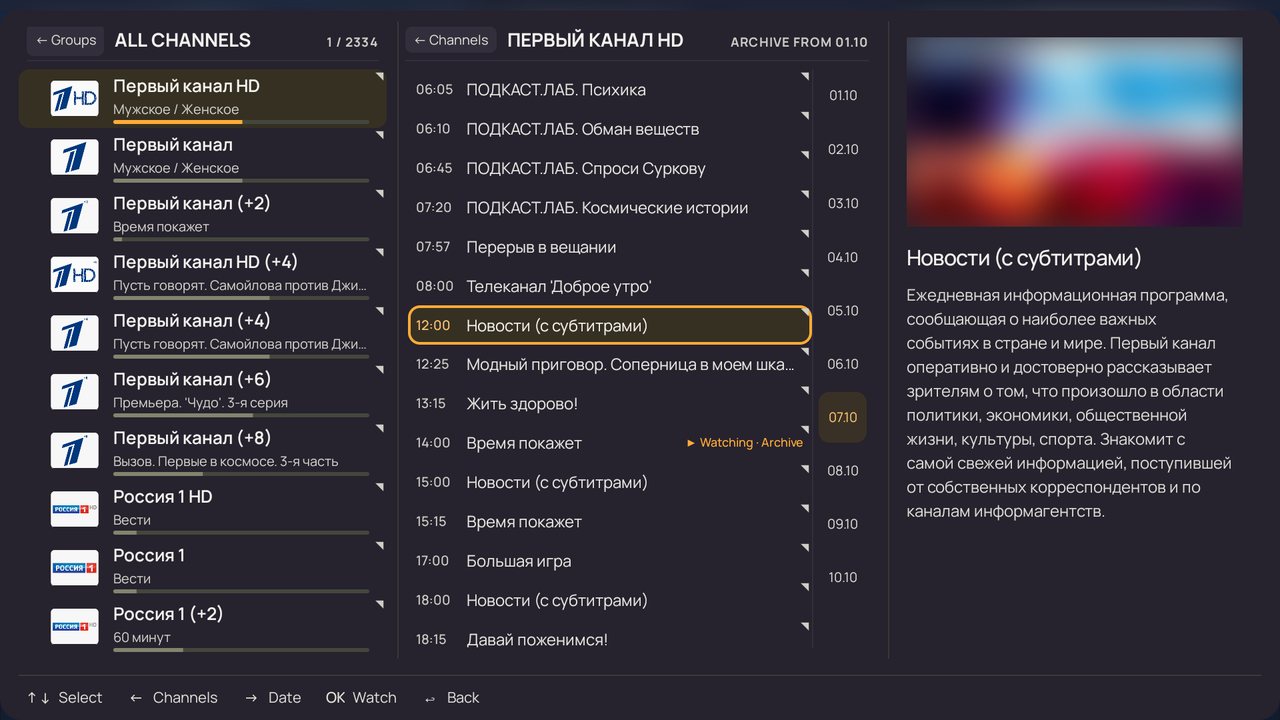 Channel programmes, archive dates and show description