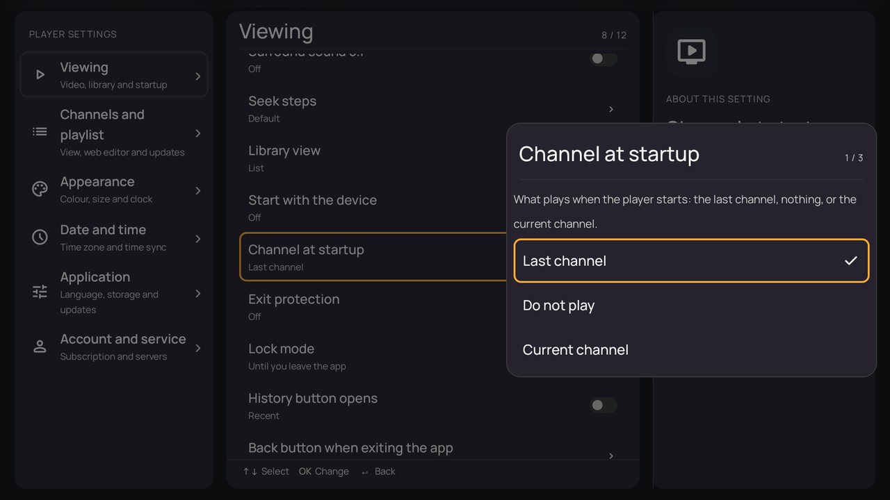 Settings: the "Channel at startup" window