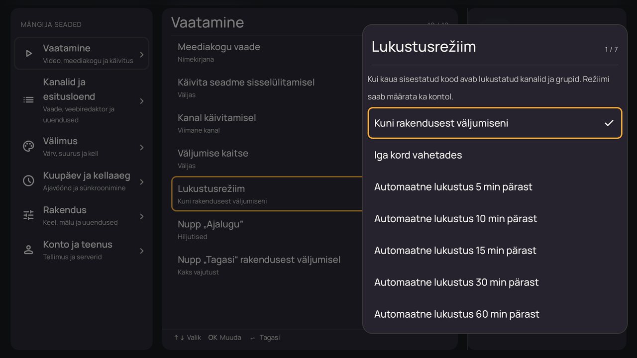 Seaded: aken „Lukustusrežiim”