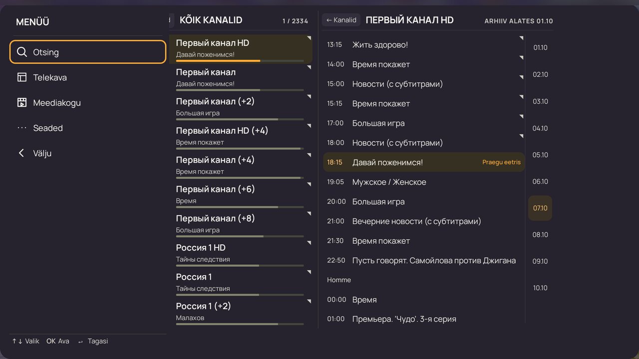 Jaotiste menüü (vasaknool rühmadest)