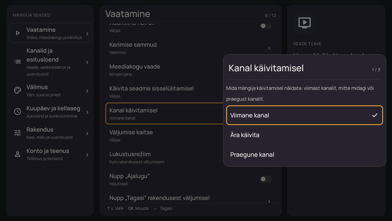 Seaded: aken „Kanal käivitamisel”