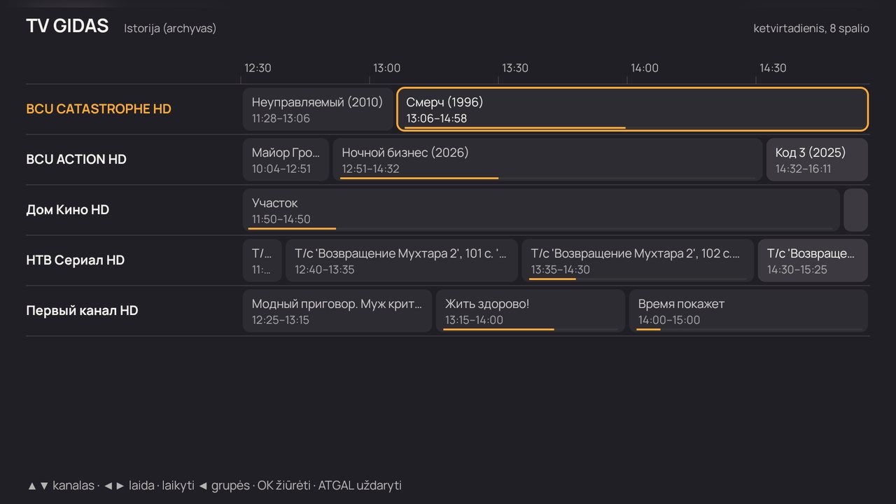 TV gidas grupėje „Istorija (archyvas)“: peržiūros juosta prie laidos