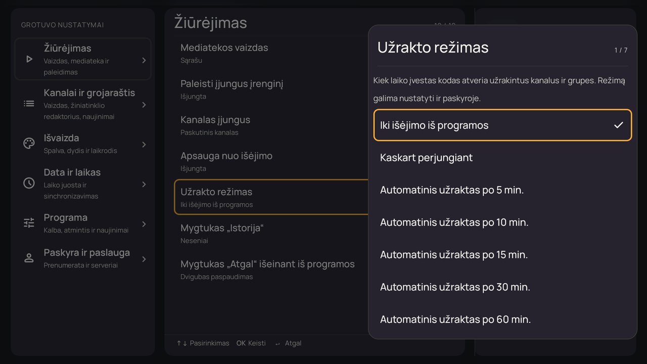Nustatymai: langas „Užrakto režimas“