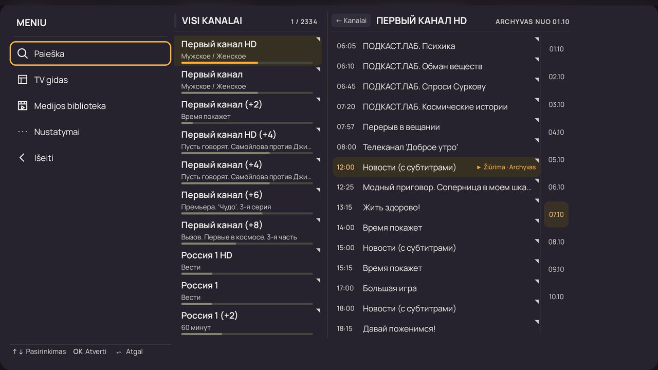 Skyrių meniu (rodyklė kairėn iš grupių)