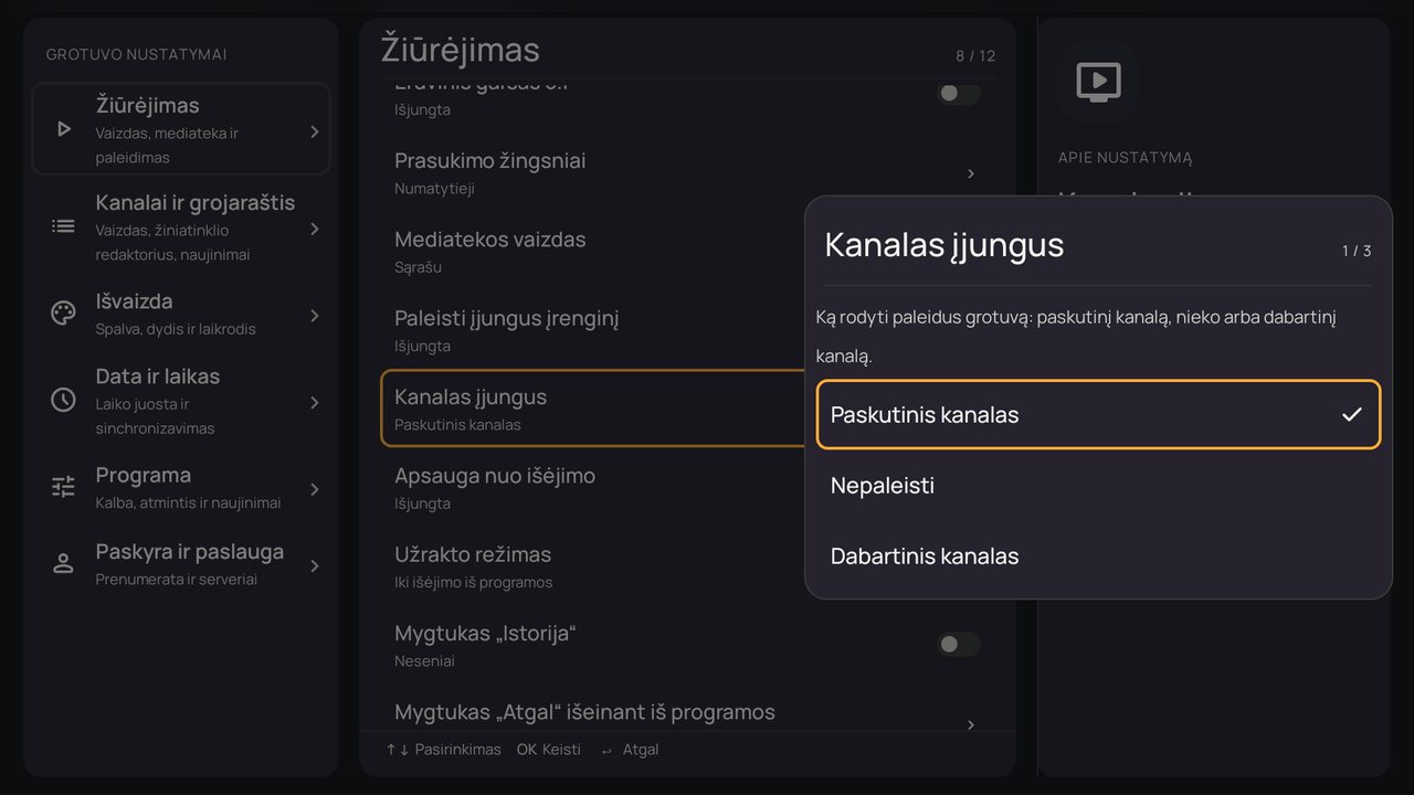 Nustatymai: langas „Kanalas įjungus“