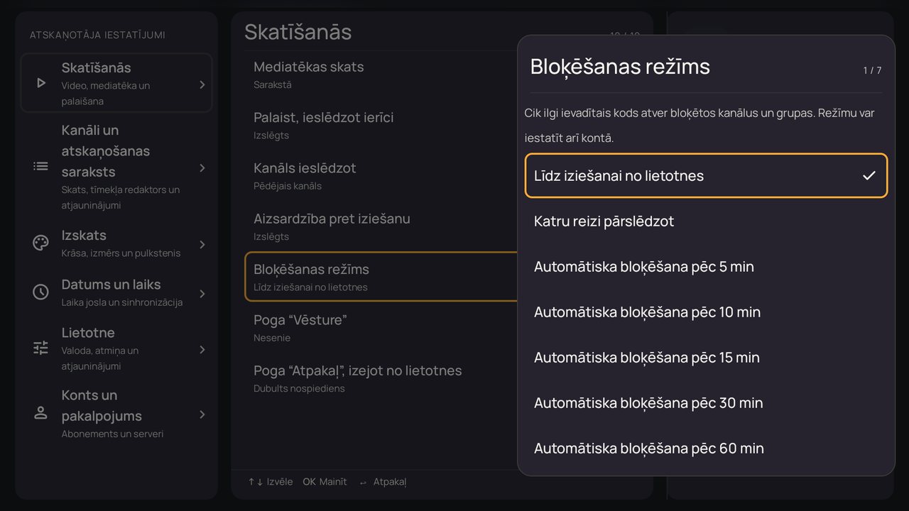 Iestatījumi: logs “Bloķēšanas režīms”