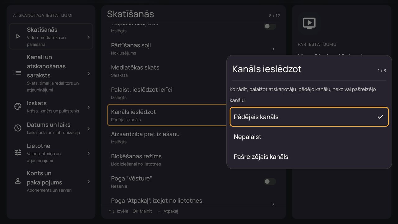 Iestatījumi: logs “Kanāls ieslēdzot”