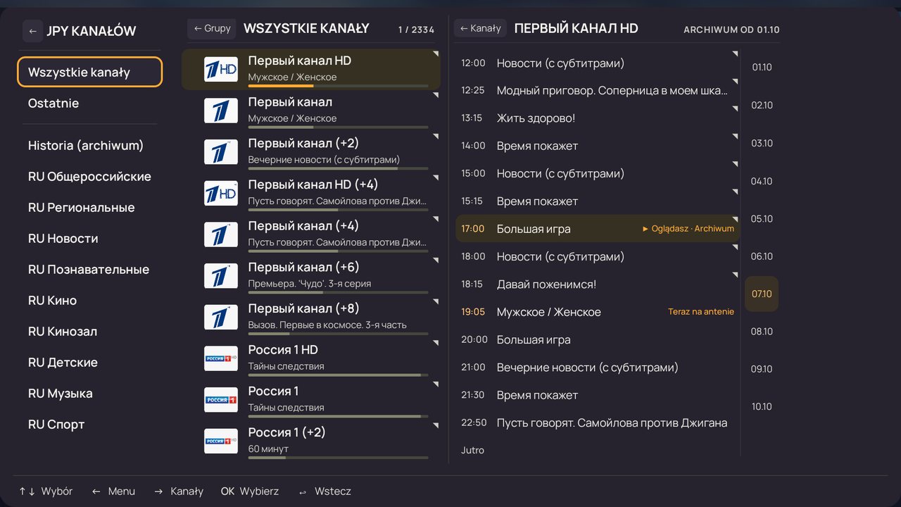 Grupy kanałów, lista i program (strzałka w lewo z listy)