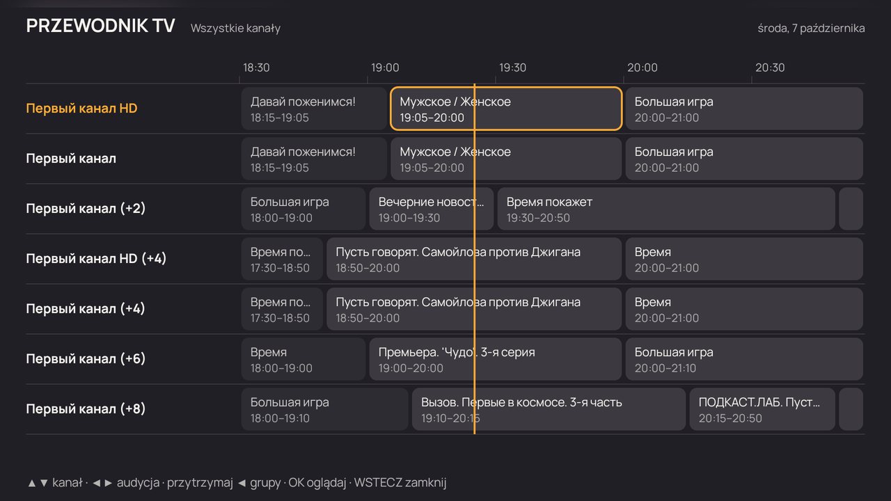Przewodnik TV: kanały w wierszach, czas w poziomie