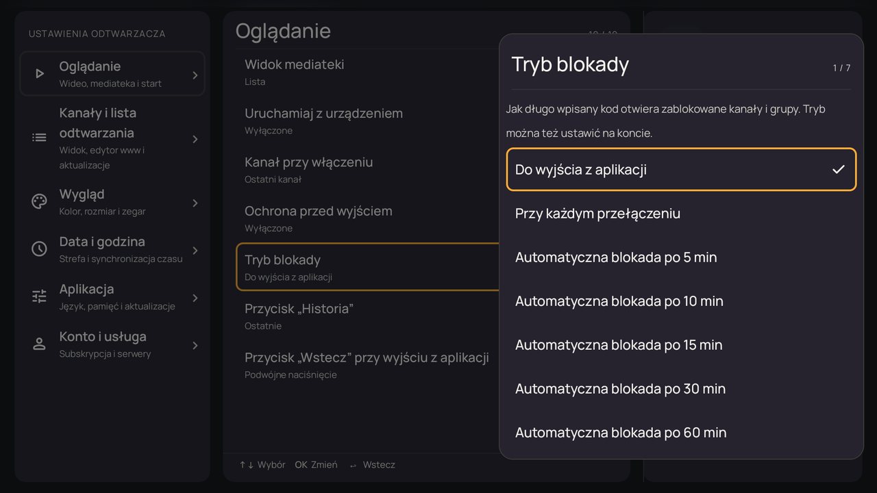 Ustawienia: okno „Tryb blokady”