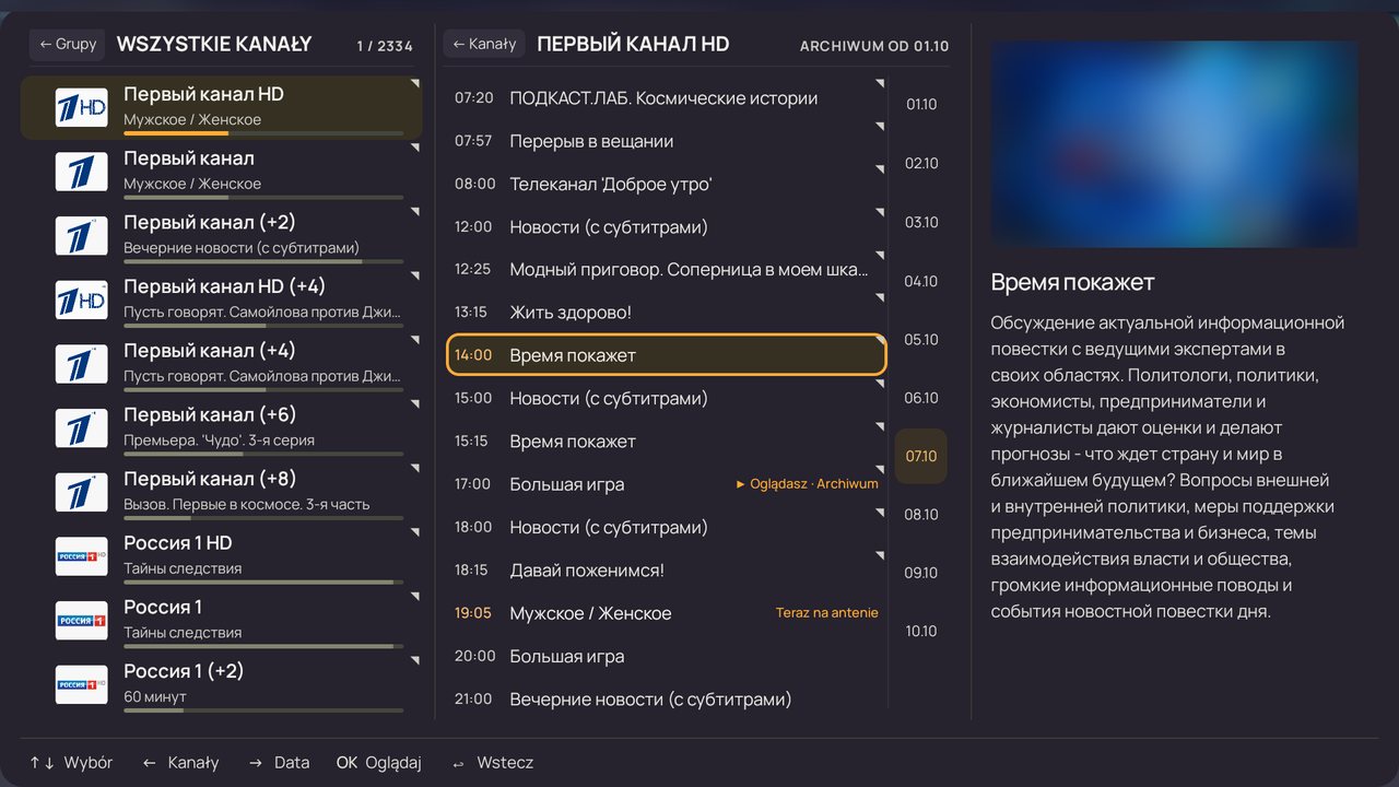 Program kanału, dni archiwum i opis audycji