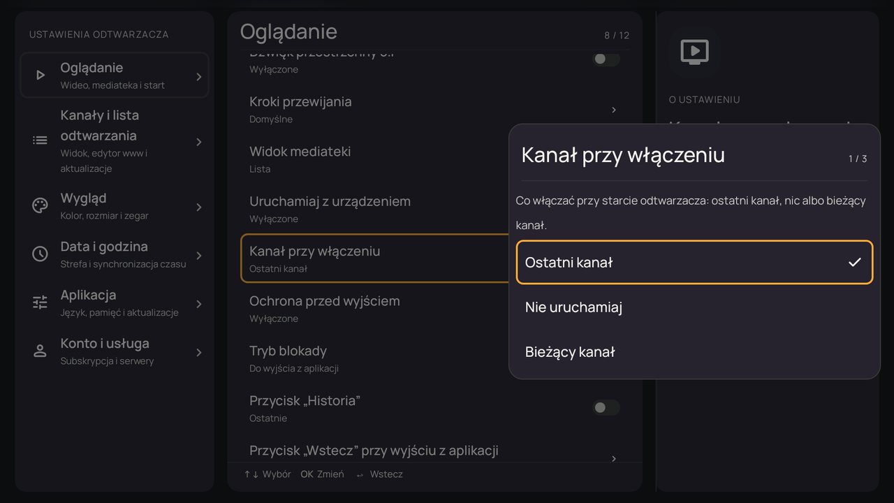Ustawienia: okno „Kanał przy włączeniu”