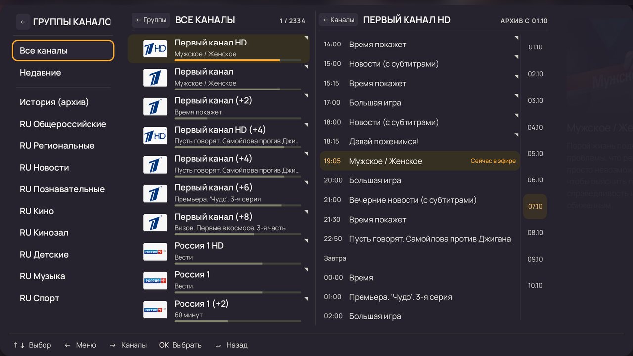 Группы каналов, список и программа (стрелка ◀ из списка)